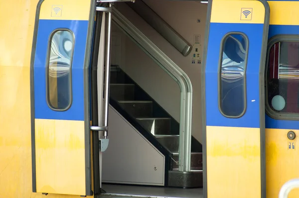 Closeup Train Waiting Platform Open Doors — Stock Photo, Image