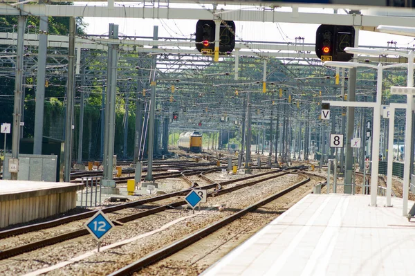 Viele Gleise Und Ein Einfahrender Zug Der Nähe Des Bahnhofs — Stockfoto
