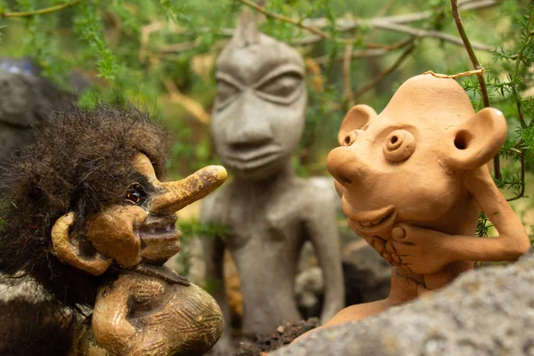 Gnome Kobolde Und Fantastische Charaktere Treffen Sich Zum Waldspaziergang Sie — Stockfoto