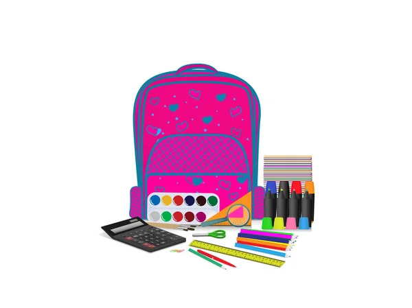 Escola preparada. Mochila com material escolar, ilustração vetorial . — Vetor de Stock