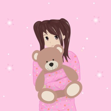 pijama kız bir ayı, anime, vektör illüstrasyon kucaklar