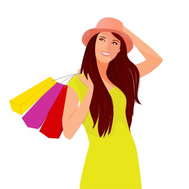 alımları ile bir kız portresi, mağazada satış, illüstrasyon