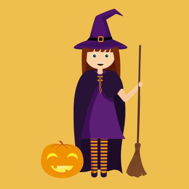 bir süpürge ile cadı karakteri, kabak halloween, vektör illüstrasyon