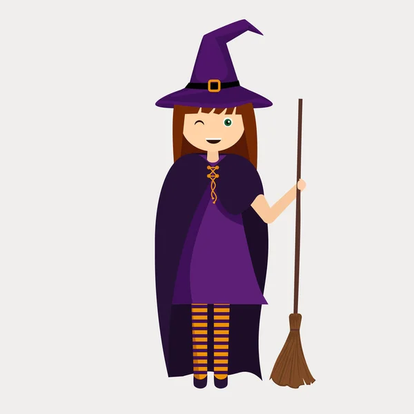 Heks karakter met een bezem, halloween, vector illustratie — Stockvector