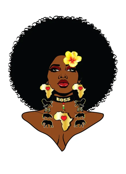 大きなアフロの髪型 ハイビスカスの花 アフリカの襟ネックレスとアフリカの動物とスタイリッシュなアフリカのイヤリングを持つ美しい黒人女性 — ストック写真