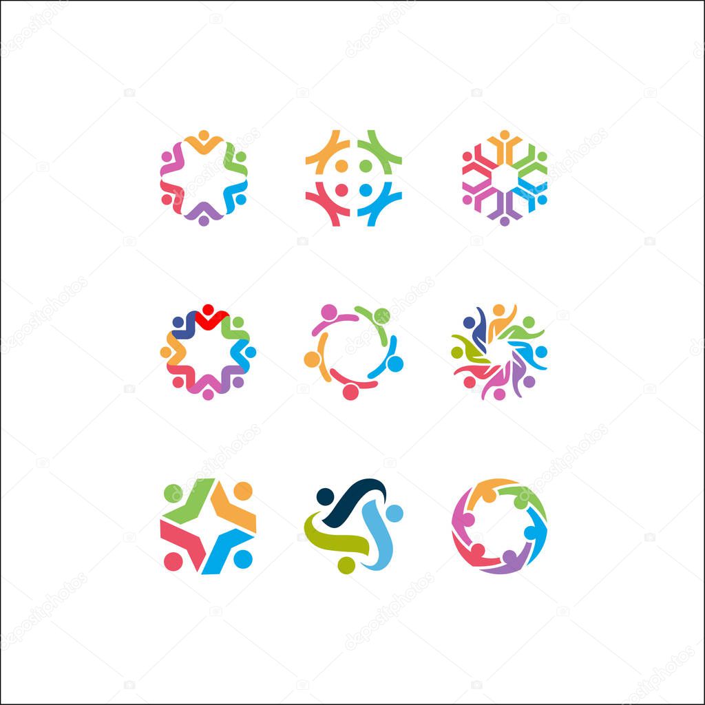 vector logo icons of people together - sign of unity, partnership, leadership, community, engagement, interaction, teamwork, team, children, kids, employees, meeting, playing, fun time