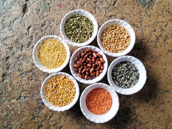 Uncooked Pulses Grains Seeds White Bowls White Background Selective Focus — Stock Photo, Image