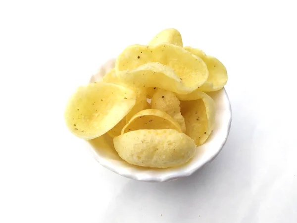 Yellow Eating Snacks White Bowl Children — Stock Photo, Image