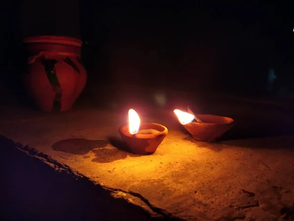 Traditional Clay Diya Lamps Lit Diwali Celebration — Stock Photo, Image