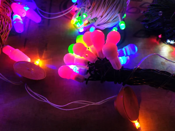 Diwali Karácsony Házassági Dekoráció Piros Sárga Led Lámpák Kis Bokeh — Stock Fotó