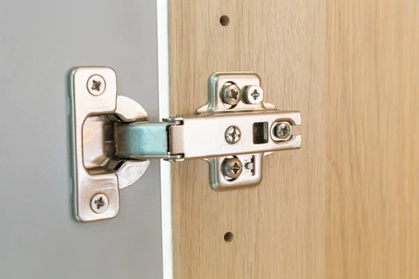 Polished Stainless door hinge on a cabinet door for interior des