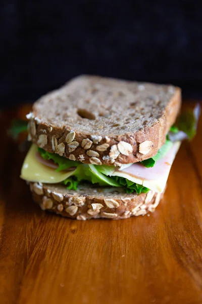 Ham Cheese Sandwich Kraftkron Bread Lettuce Wooden Table Sandwich Perfect — Stock Photo, Image