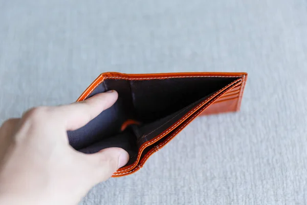 Man Opens Empty Orange Leather Wallet Because Fired His Job — Stock Photo, Image