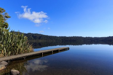Sabahleyin Yeni Zelanda 'daki sakin ayna gölünde tahta iskele..