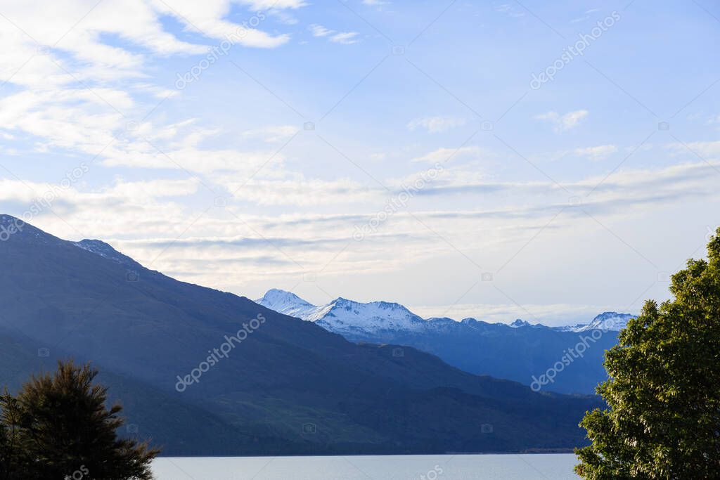 Beautiful scenic mountain view of Lake Hawea in the south island of New Zealand.