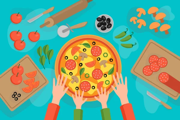 Ребенок с матерью готовит вкусную итальянскую пиццу из теста, оливок, помидоров, перца, колбас салями, салата. Развлечения для детей с родителями. Кулинария в пиццерии, кафе или ресторане
. — стоковая иллюстрация Ребенок Матерью Готовит Вкусную Итальянскую Пиццу Теста Оливок Помидоров Перца Стоковый вектор