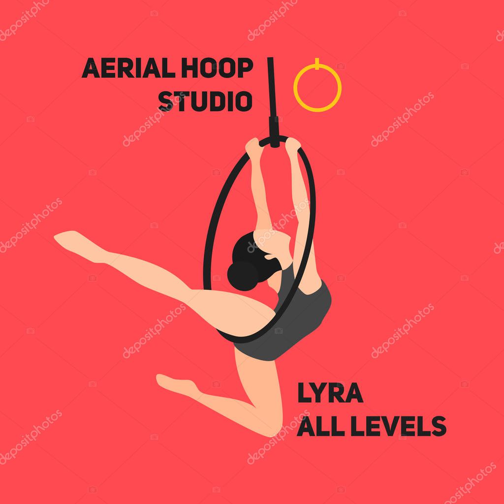 Silhouettes of a gymnast in the hoop (LYRA). Air gymnastics concept. Aerial yoga, woman doing some acrobatic elements flying ring. Flat retro vintage style. The logo for fit studio.