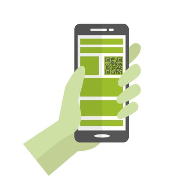Yeşil kauçuk eldivendeki el, QR kodlu bir eki olan bir telefonu tutar.