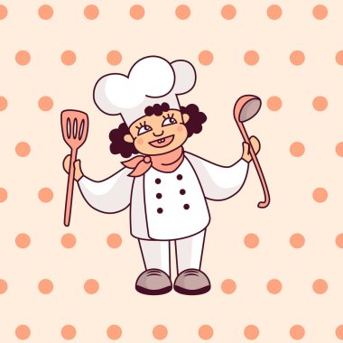 Beyaz Şef şapkası olan komik küçük çocuk, üniforma. Çocuk pişirme için bir kepçe ve bir spatula tutar. Düz modern stil. Çocuk yemek hazırlıyor. Şekerleştirici ve fırıncı, apron. Sınıf sertifikası tasarım şablonu