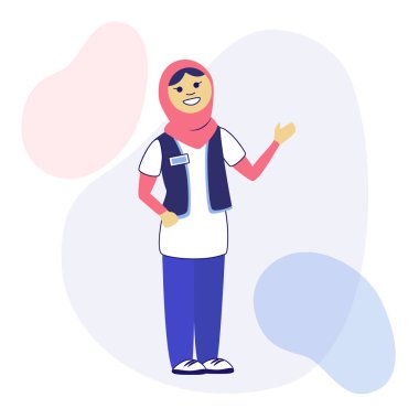 Ulusal kıyafetler ve hijab üniformalı kadın. Süper mağazada satış yapan kadınlar. Müslüman kadınlar. Evlilik haklarının korunması. Sıvı formları ile düz modern stil. Illüstrasyon