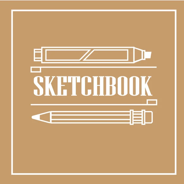 Napis z napisem "SketchBook" z kredką i ołówkiem na brązowym tle rzemiosła. Minimalistyczny, płaski styl. Sztuka liniowa. Logo dekoracji dla albumu rysunkowego. — Wektor stockowy