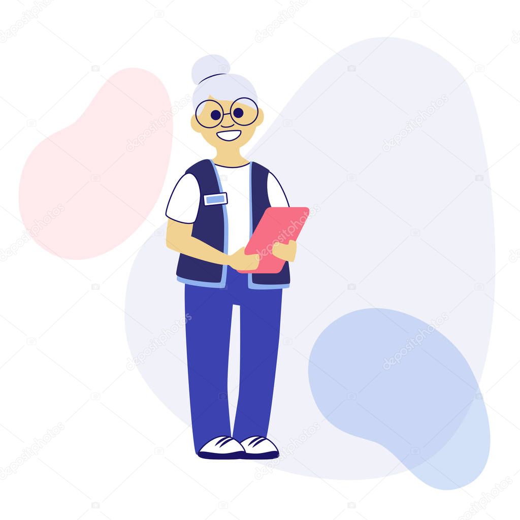 An old woman with gray hair and glasses in the uniform of a supermarket worker. Flat modern style with  liquid forms. Protecting the rights of elderly retirees at work. Illustration