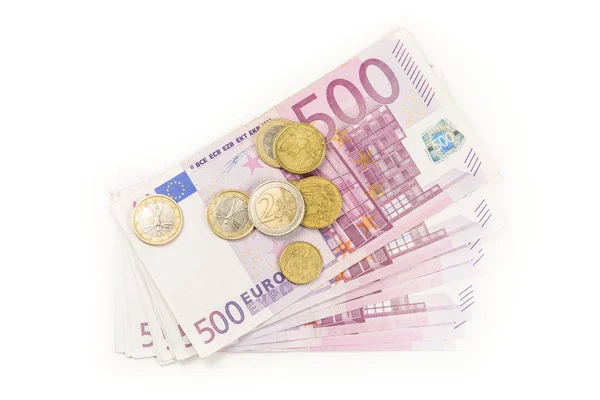 Stack Euro Banknotes Coins Isolated 500 Euro Banknotes European Currency Stock Picture