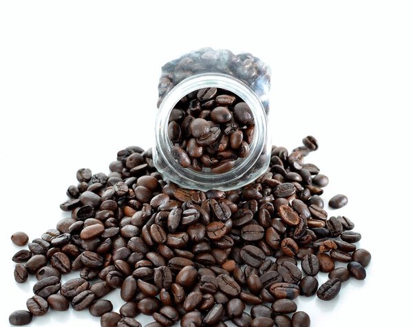 Black coffee beans isolated white background