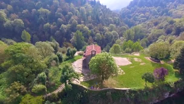 Aerial View Hermitage Santa Magdalena Located Hilltop Mountain Front Rupit — Stock Video