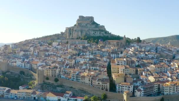 Panoramablick Auf Das Hügelige Dorf Morella Castellon Valencianische Provinz Spanien — Stockvideo