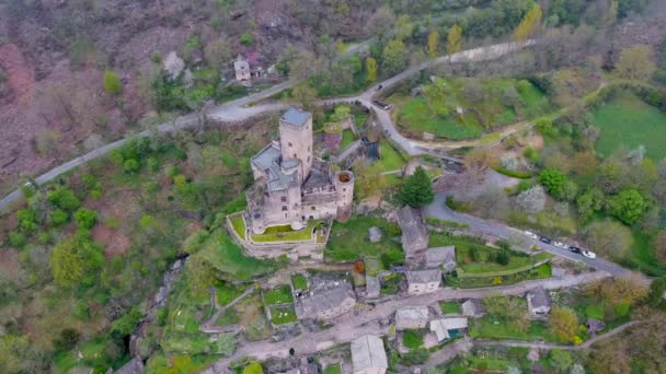 Vista Aérea Castelo Francês Castelo Antigo Belcastel Localizado Topo Uma — Vídeo de Stock