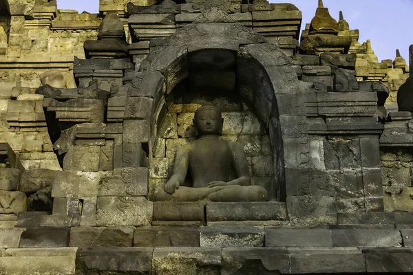 Statue Cachée Bouddha Dans Une Niche Murale Complexe Temple Borobudur — Photo