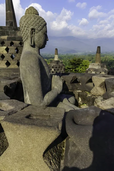 Figurine Bouddha Assise Latérale Dans Temple Borobudur Île Java Indonésie — Photo