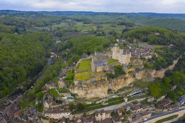 Widok Lotu Ptaka Zamek Beynac Wioskę Beynac Cazenac Dordogne Francja — Zdjęcie stockowe