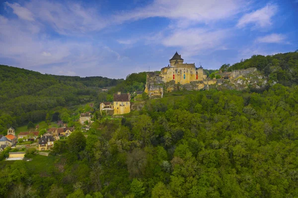 Panorama Lotu Ptaka Średniowiecznego Zamku Castelnaud Chapelle Miejscowość Zamek Znajdują — Zdjęcie stockowe