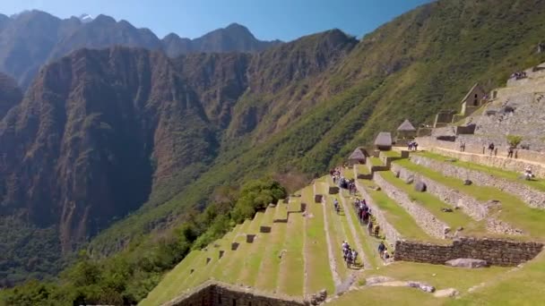Citadel Van Machu Picchu Met Huayna Picchu Berg Bergketen Terrassen — Stockvideo