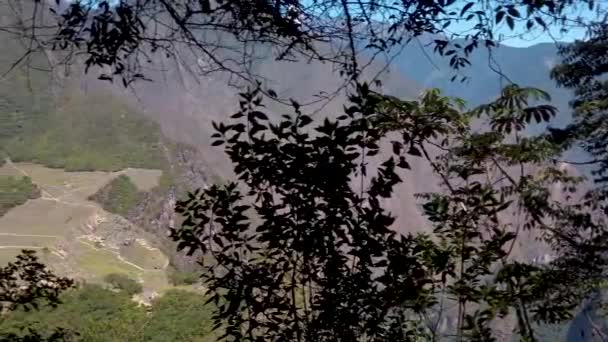 Machu Picchu Panorama Från Huayna Picchu Bergsvandring Utsikt Från Ovan — Stockvideo