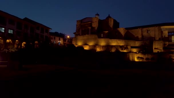 Igreja Colonial Koricancha Coricancha Templo Sol Noite Cusco Skyline Construções — Vídeo de Stock