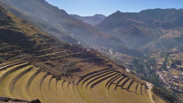 Régi Mezőgazdasági Teraszok Által Készített Incas Pisac Régészeti Park Található — Stock videók