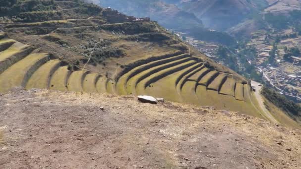 Landbouwconstructies Inca Terrassen Gebruikt Voor Landbouw Archeologisch Park Heilige Vallei — Stockvideo