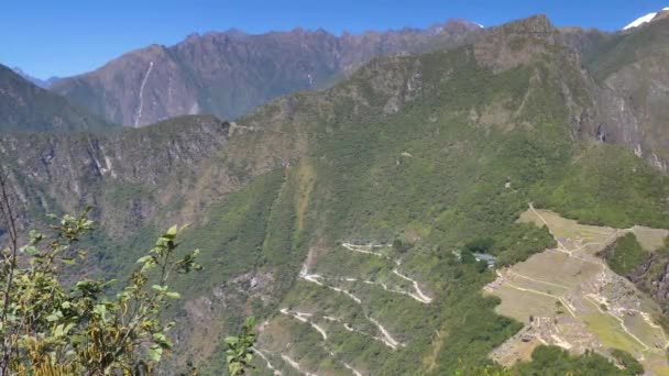 Panoramisch Vanaf Bergtop Landschap Uitzicht Van Huayna Picchu Naar Oude — Stockvideo