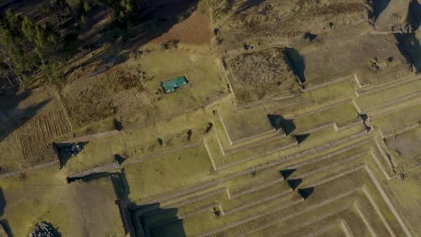 Luchtfoto Van Inca Terrassen Chinchero Archeologisch Park Gelegen Heilige Vallei — Stockvideo