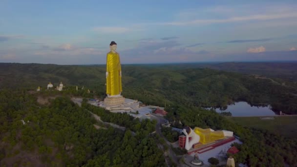 Εναέρια Από Τις Υψηλότερες Ανακλινόμενα Buddha Στέκεται Εικόνες Του Βούδα — Αρχείο Βίντεο