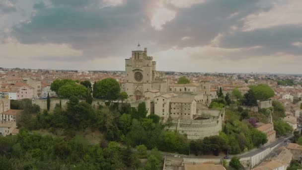 Atardecer Suave Beziers Lugar Principal Catedral Saint Nazaire Con Casco — Vídeo de stock