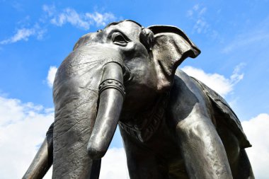 Bakır döküm bronz fil sıva mavi gökyüzü.    