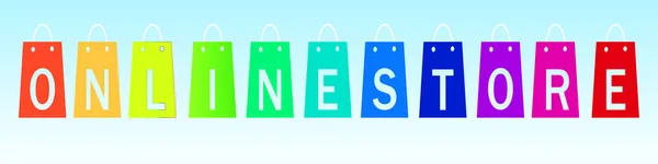 Online vásárlás. Bevásárlótáska logó bolti felirattal. Internetes üzlet koncepció. Vektor — Stock Vector