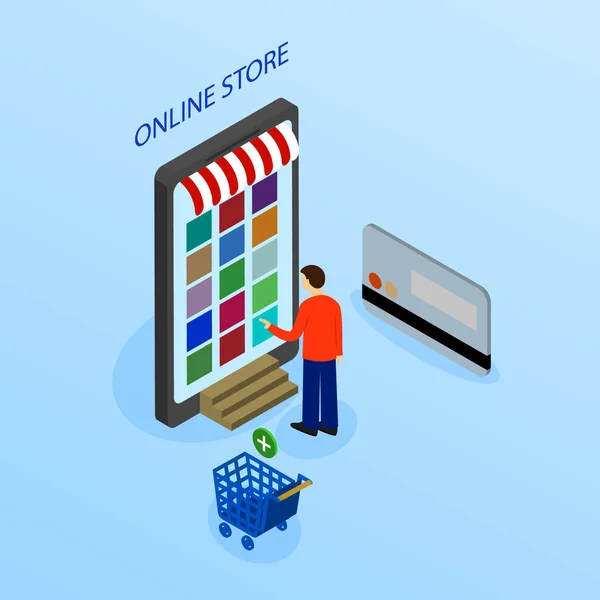 Vektorillustration. Handy mit Warenkorb mit Taschen und Boxen. Kreditkarte. Konzept für den Online-Einkauf. isometrisch — Stockvektor
