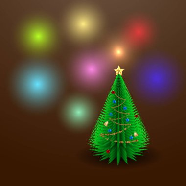 Üstünde renkli mücevherler ve altın yıldızlı Noel ağacı. Vektör illüstrasyonu.