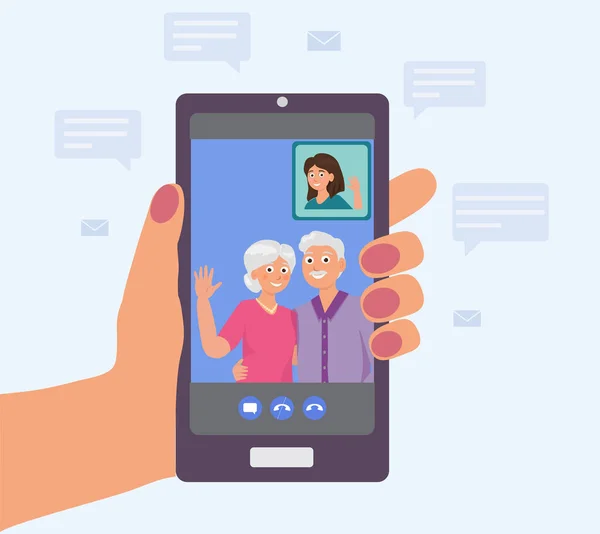 Ev konseptinde kal. Kadın telefonu elinde tutuyor ve telefondaki bir video görüşmesi üzerinden ailesiyle konuşuyor. Telefondaki mesajlar. Aile görüntüsü sohbet