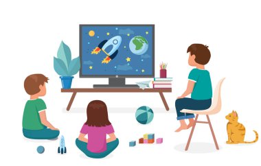 Çocuklar televizyon izler. Erkekler ve bir kız yerde oturmuş uzay hakkında bir eğlence programı izliyorlar. Oyuncaklar yere saçılmış..